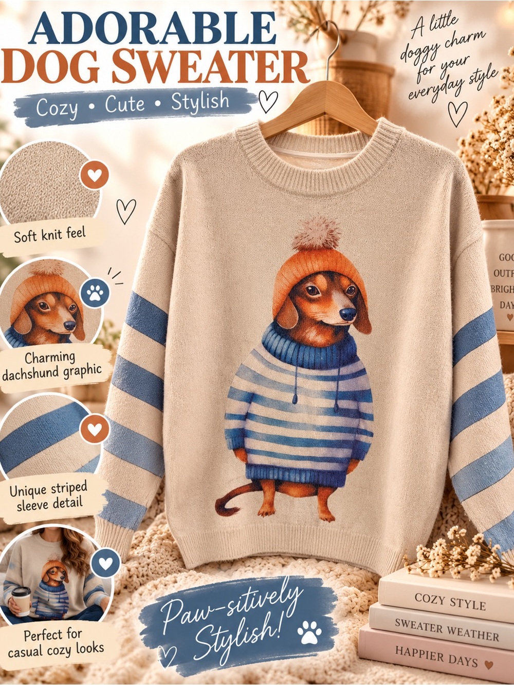 Cozy Cream Dachshund Graphic Sweater